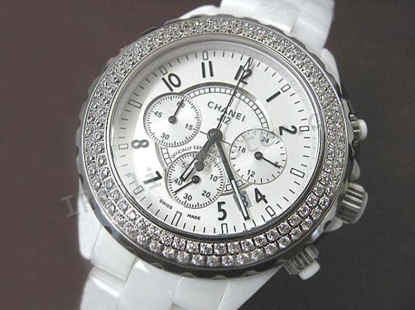 Chanel J12 Chronograph Diamonds, Real Ceramic Case And Braclet Replica Watch - Click Image to Close